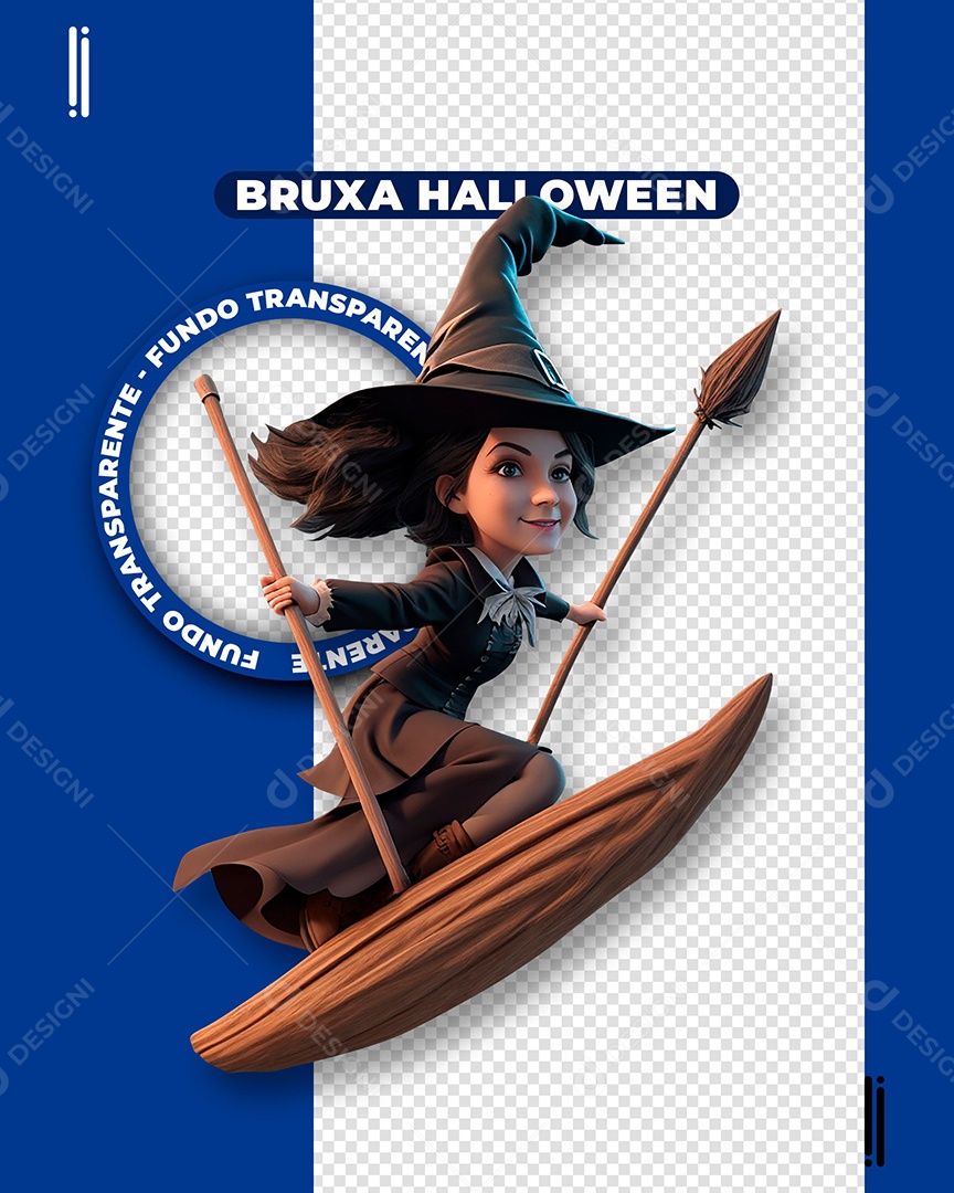 Bruxa em Barco Voador de Halloween Elemento 3D para Composição PSD