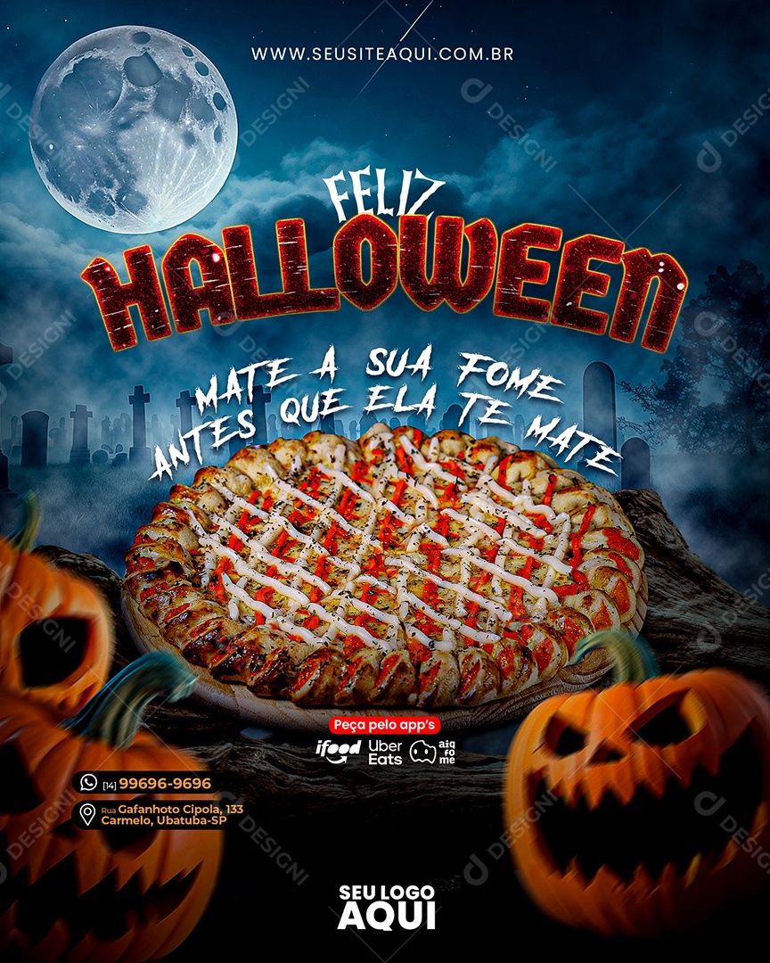 Social Media Story Feliz Halloween Mate a Sua Fome Antes que Ela Te Mate Pizzaria PSD Editável