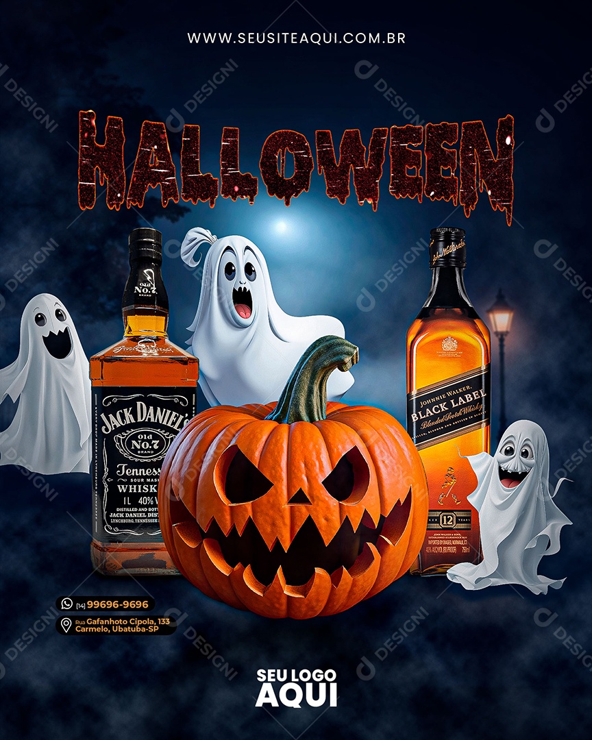 Social Media Halloween Cabeça de Abóbora Fantasmas e Whisky Jack Daniels PSD Editável