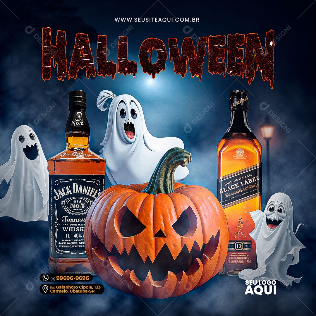 Halloween Cabeça de Abóbora Fantasmas e Whisky Jack Daniels Social Media PSD Editável