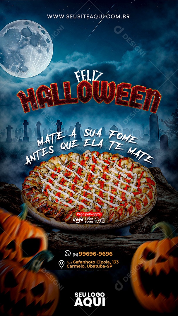 Story Feliz Halloween Mate a Sua Fome Antes que Ela Te Mate Pizzaria Social Media PSD Editável