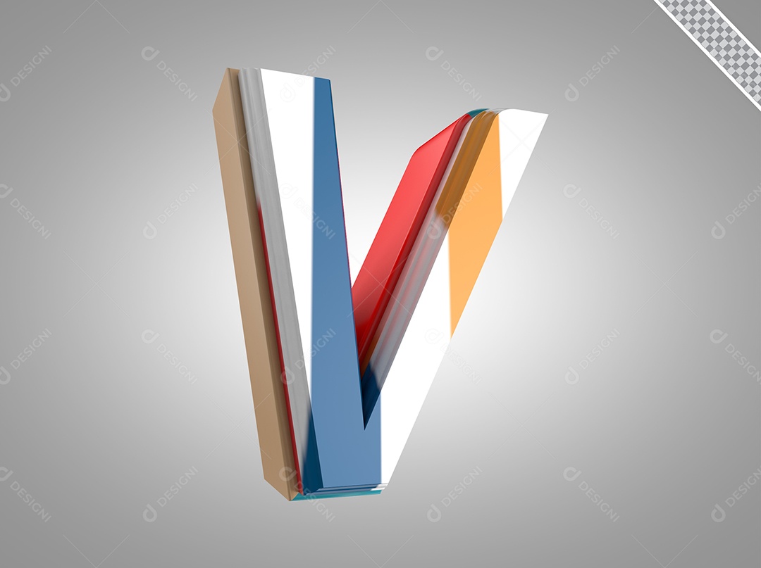 Letra V Maiúsculo Elemento 3D Colorido para Composição PSD