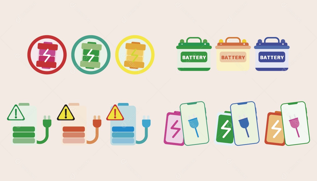 Conjunto de Ícones de Bateria Ilustração Vetor EPS