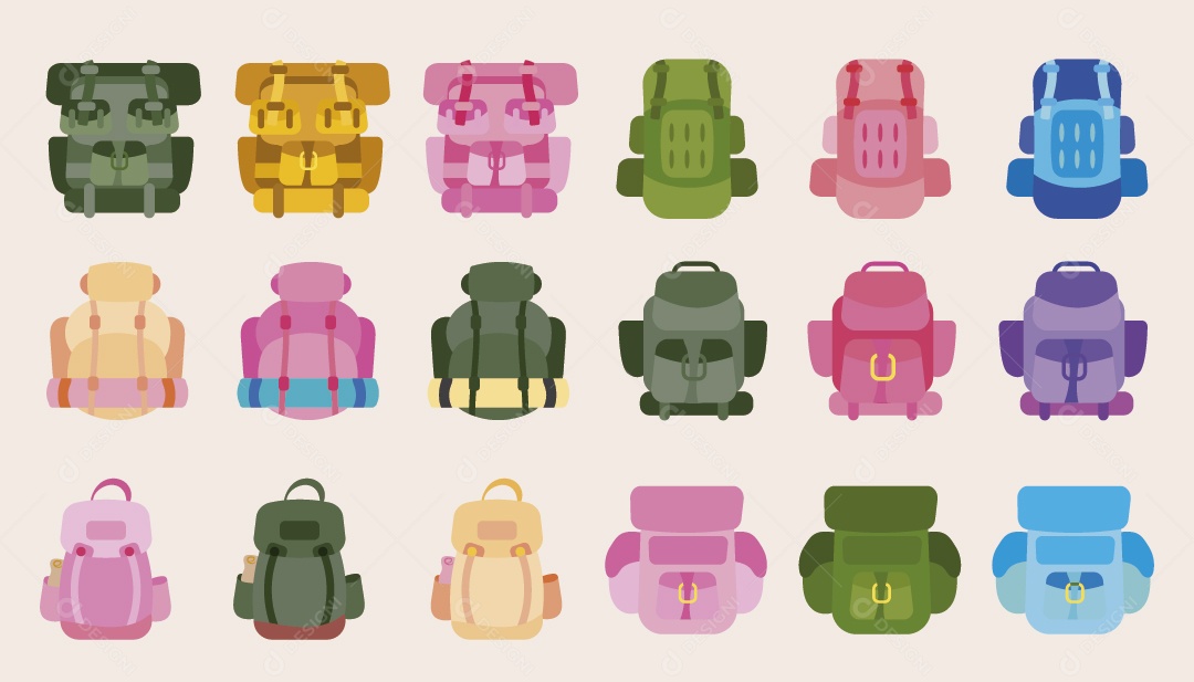 Conjunto de Ícones de Mochila de Acampamento Ilustração Vetor EPS