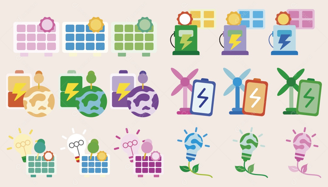 Conjunto de Ícones de Energia Solar Ilustração Vetor EPS