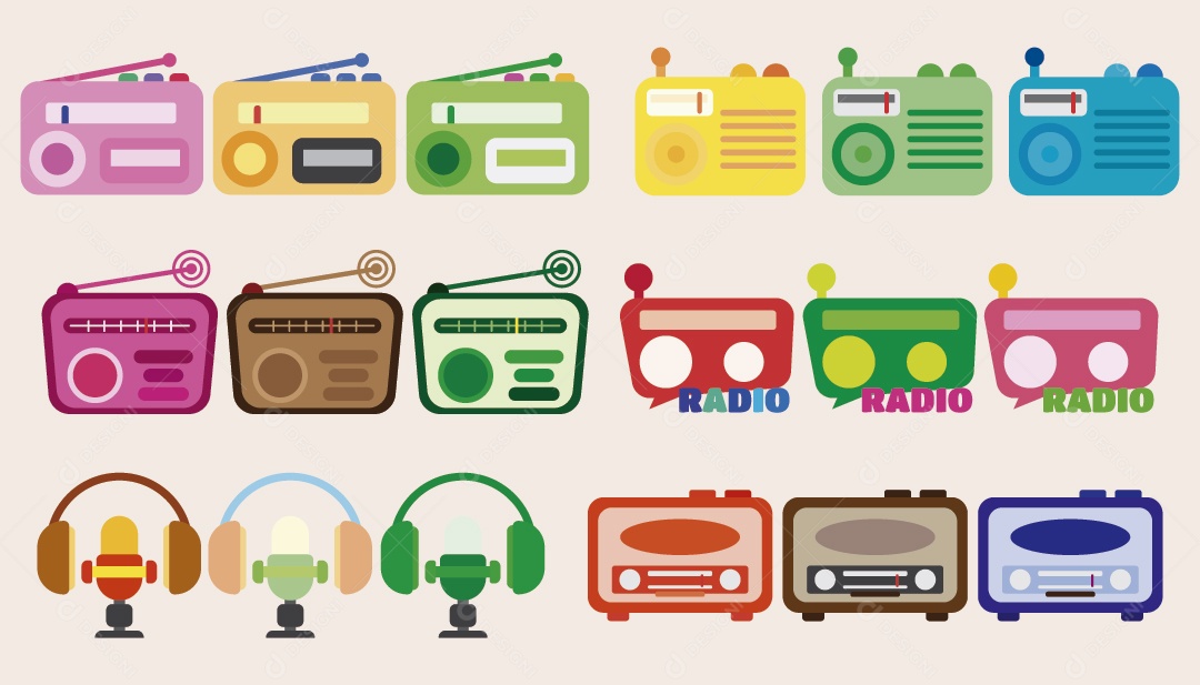 Conjunto de Ícones de Rádios Ilustração Vetor EPS