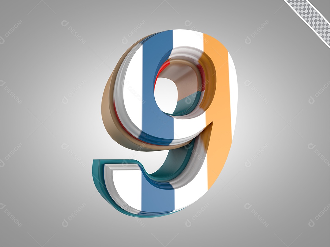 Número 9 Elemento 3D Colorido para Composição PSD