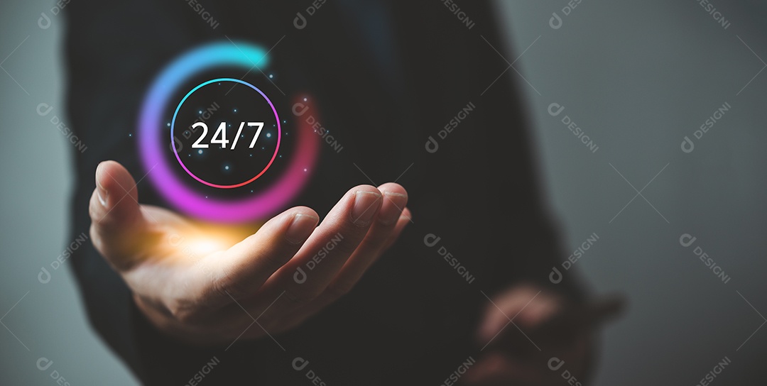 atendimento ao Cliente. conceito de serviço ininterrupto. Mão de empresário virtual 24 horas por dia, 7 dias por semana