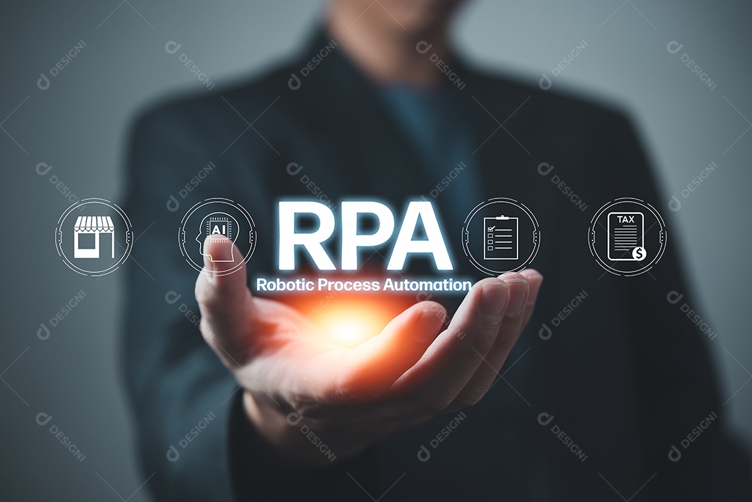 Automação robótica de processos RPA, Inteligência Artificial, Big data e conceito de negócios na tela virtual.
