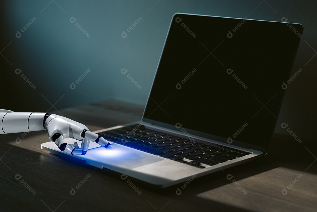 dedo do robô aponta para controle de botão de laptop e interface com tecnologia AI inteligência artificial e automação.