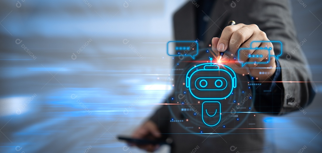 Empresário segurando um holograma de inteligência AI de chatbot leve.