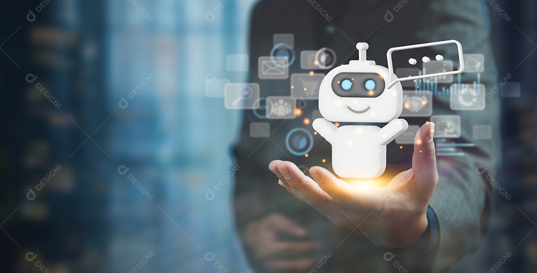 A inteligência artificial de IA e a tecnologia digital de negócios de chatbots conversacionais interagem com aplicativos, incluindo atendimento ao cliente