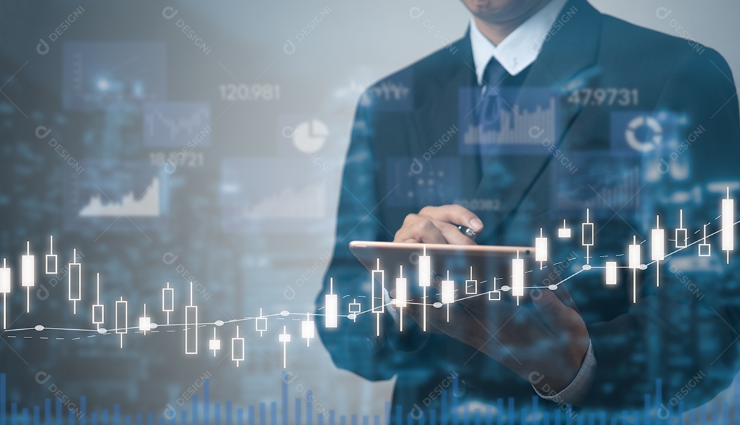 Gráfico de análise do empresário mercado de ações e financeiro, estratégia de investimento e crescimento de relatórios de dados.