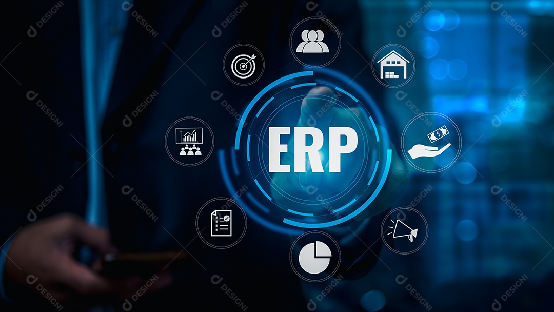 Ícone de toque manual ERP Enterprise Resource Planning sistema integração em nuvem, automação e análise de gerenciamento financeiro