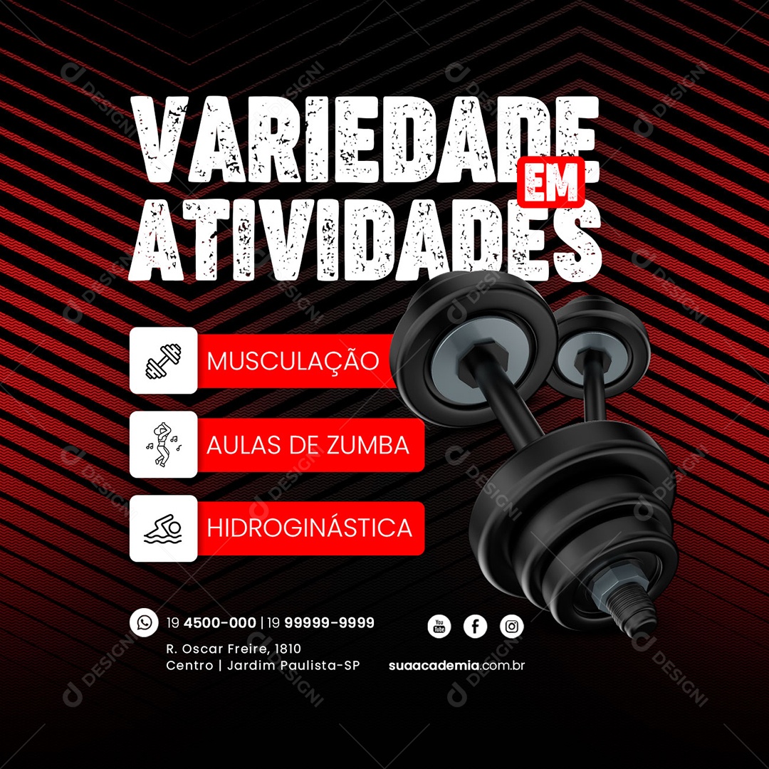 Academia Variedade em Atividades Musculação Aulas de Zumba Hidroginástica Social Media PSD Editável