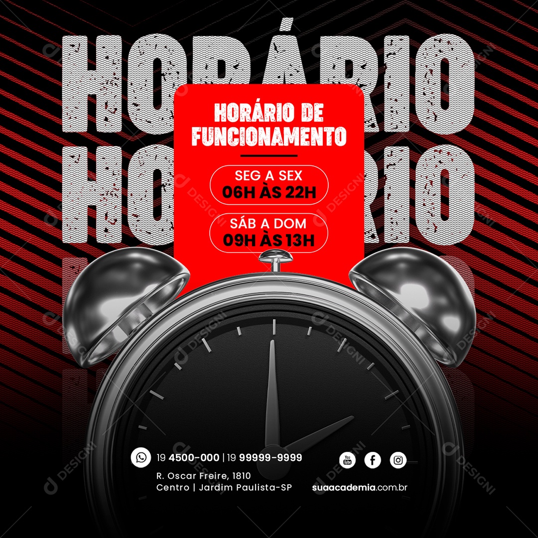 Academia Horário de Funcionamento Segunda a Sexta Sábado a Domingo Social Media PSD Editável