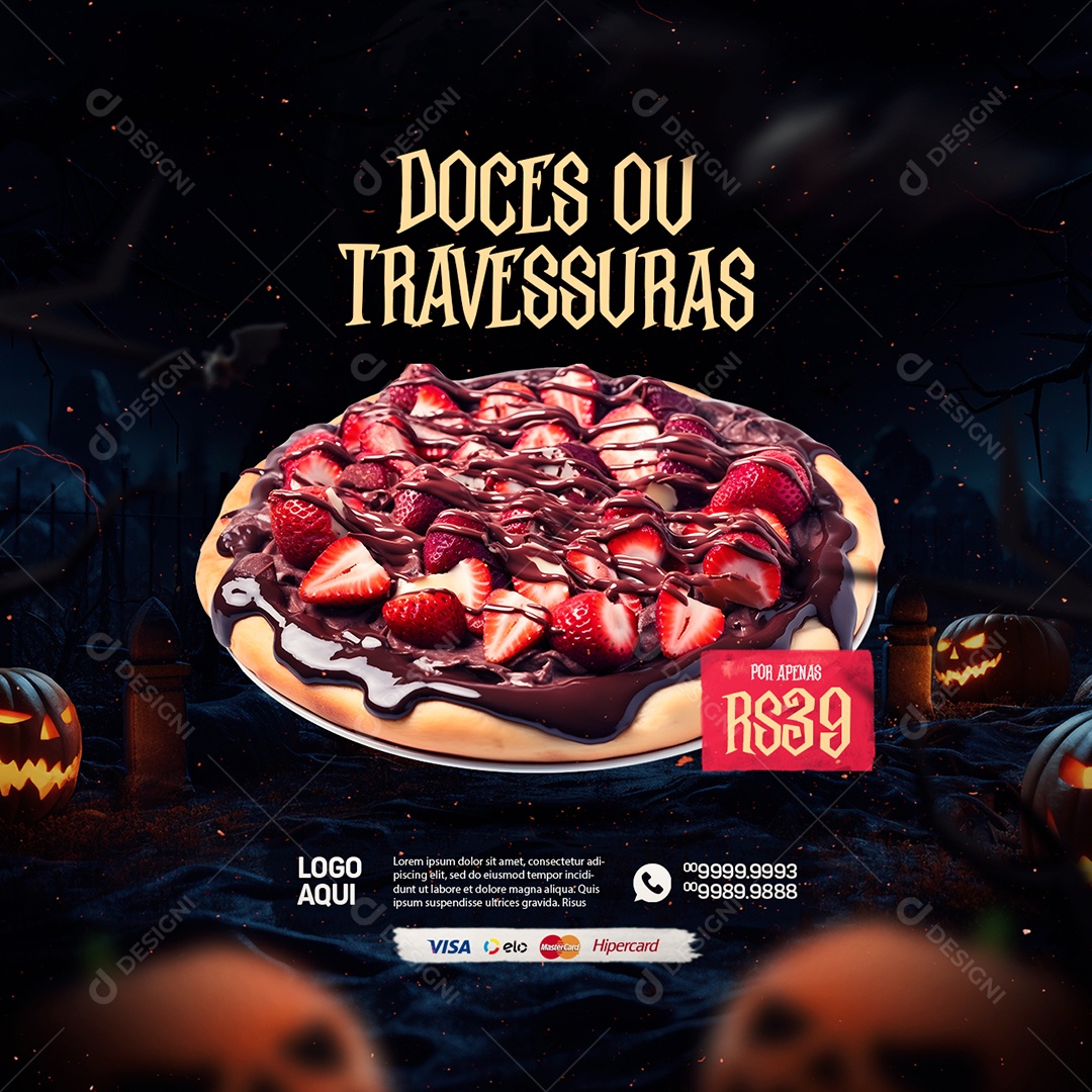 Halloween Pizzaria Doces ou Travessuras Pizza de Morango e Chocolate Social Media PSD Editável