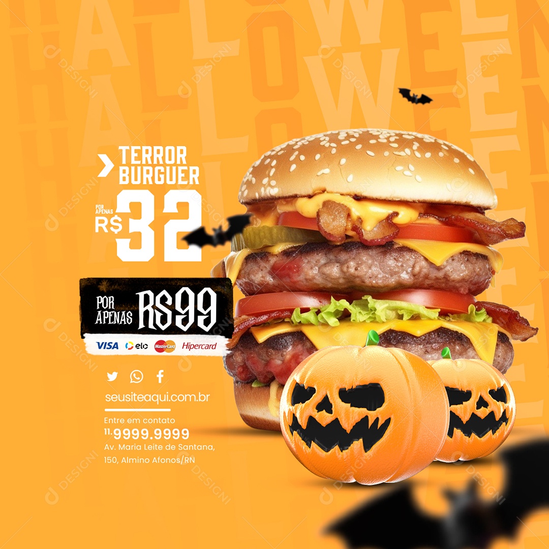 Halloween Hamburgueria Terror Burguer por apenas 99 Social Media PSD Editável