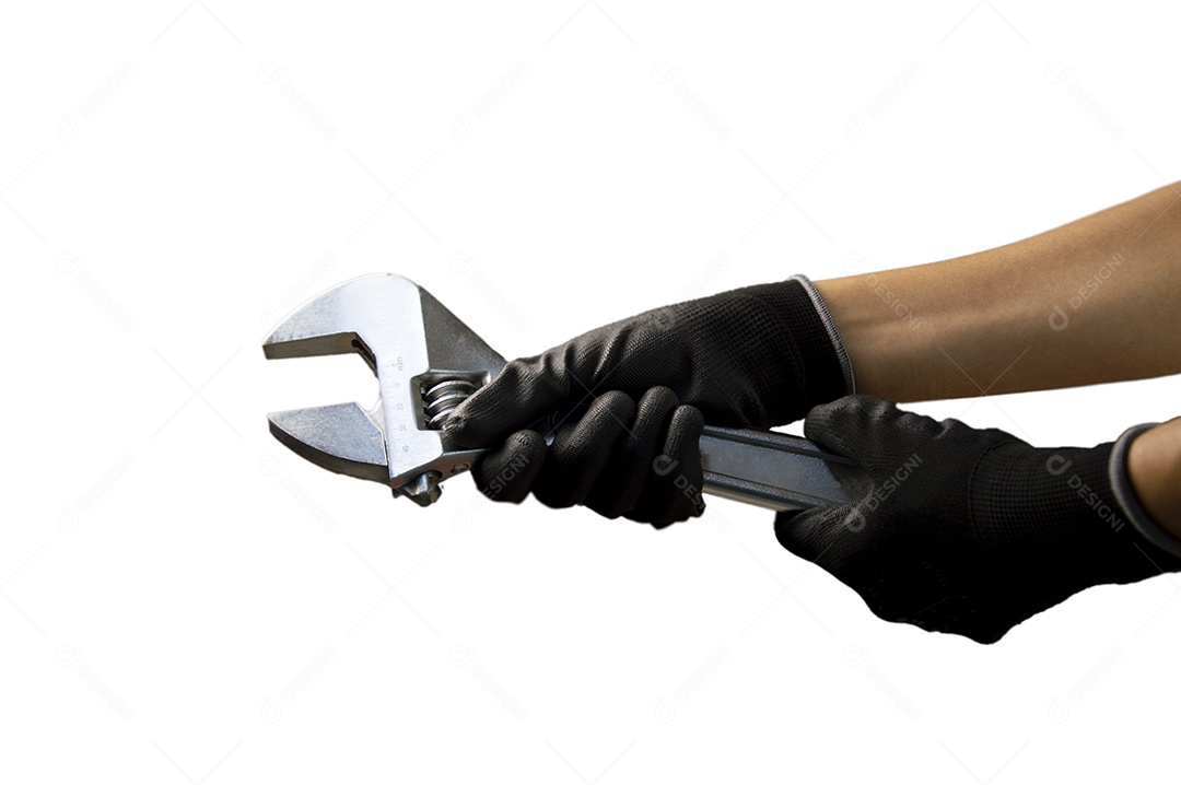 Mecânico segurando uma chave inglesa grande tamanho 375 mm fundo branco