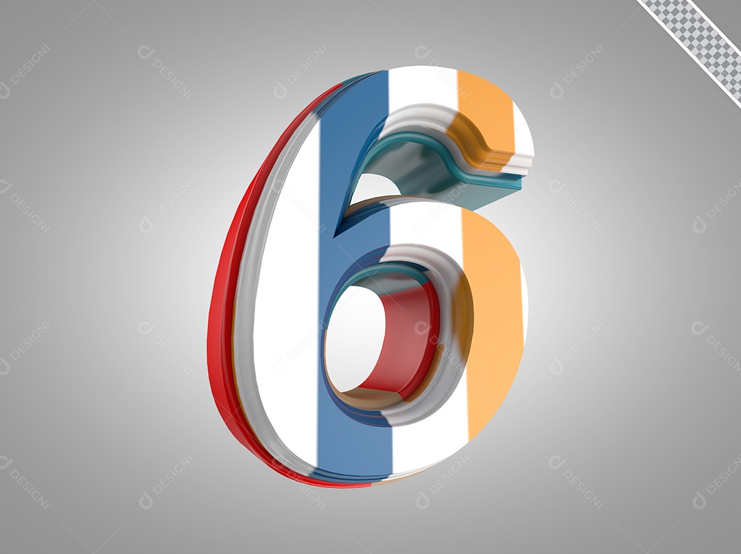 Número 6 Elemento 3D Colorido para Composição PSD