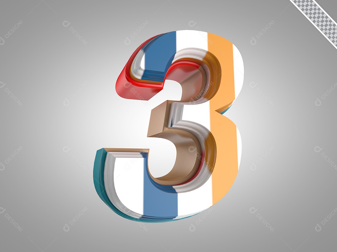 Número 3 Colorido Elemento 3D para Composição PSD