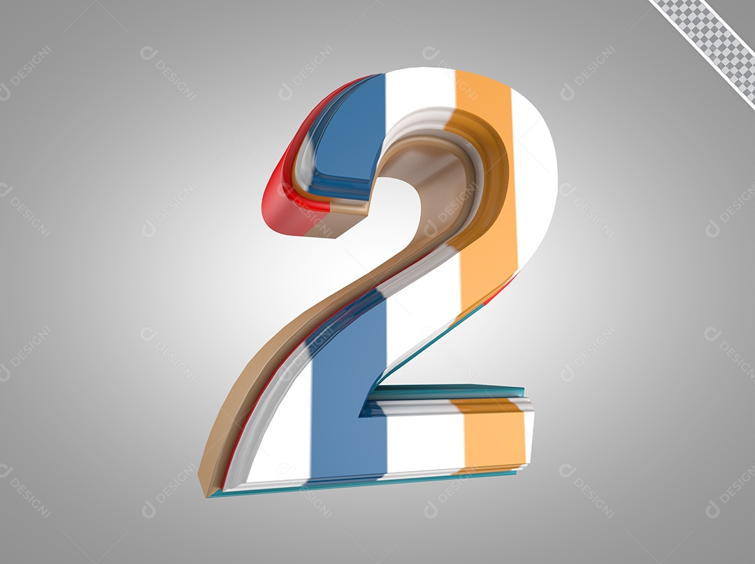 Número 2 Elemento 3D Colorido para Composição PSD