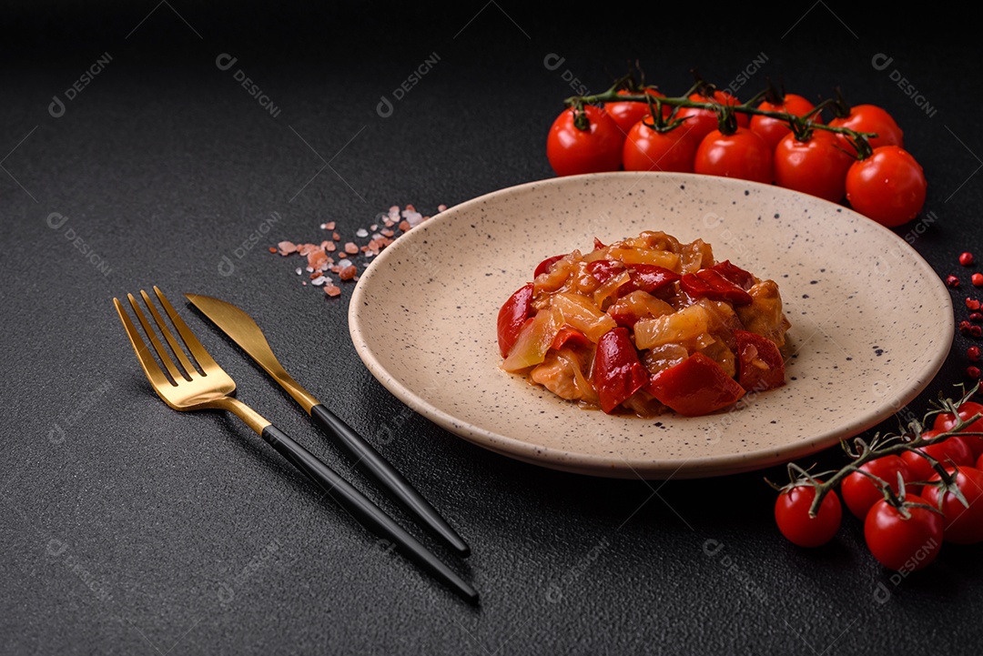 Deliciosa salada fresca com fatias de frango grelhado, abacaxi, pimentão, nozes e molho em um prato de cerâmica sobre um fundo escuro de concreto