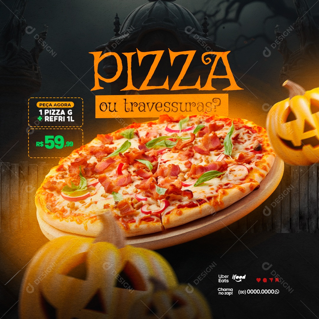Halloween Pizzaria Peça Agora Pizza ou Travessuras 1 Pizza G Refri 1L Social Media PSD Editável