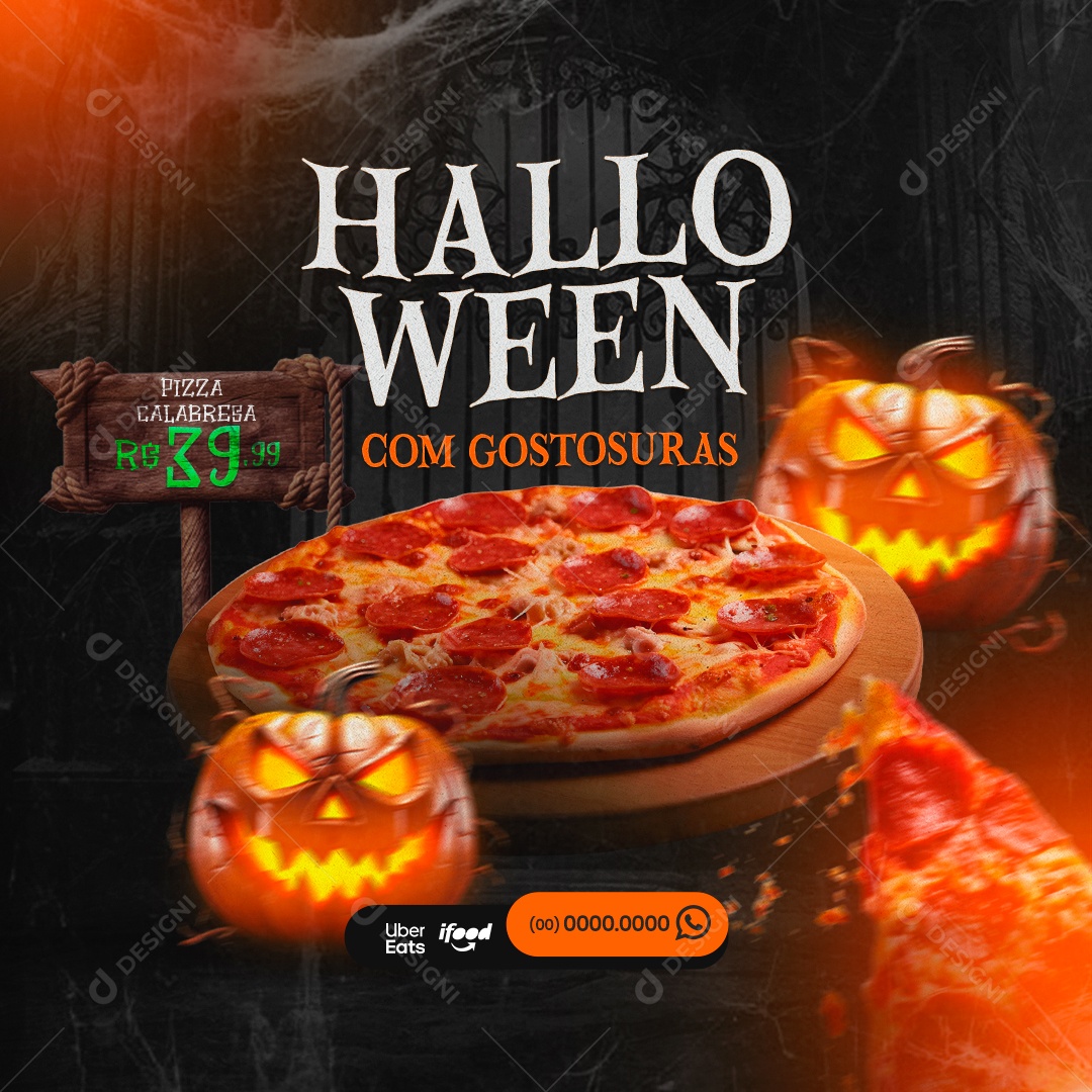 Halloween Pizzaria com Gostosuras Pizza Calabresa Social Media PSD Editável