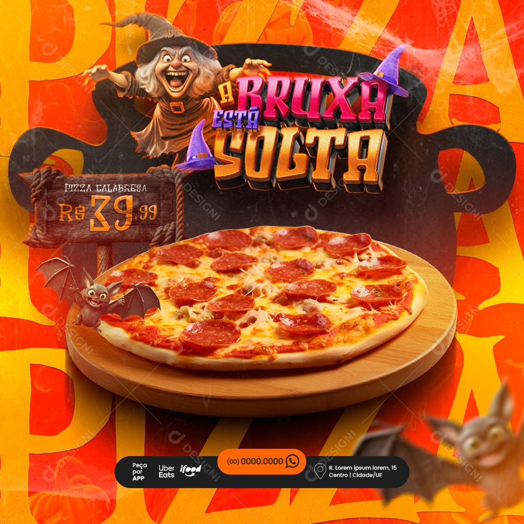 Halloween Pizzaria Bruxa Está Solta Pizza Calabresa Social Media PSD Editável