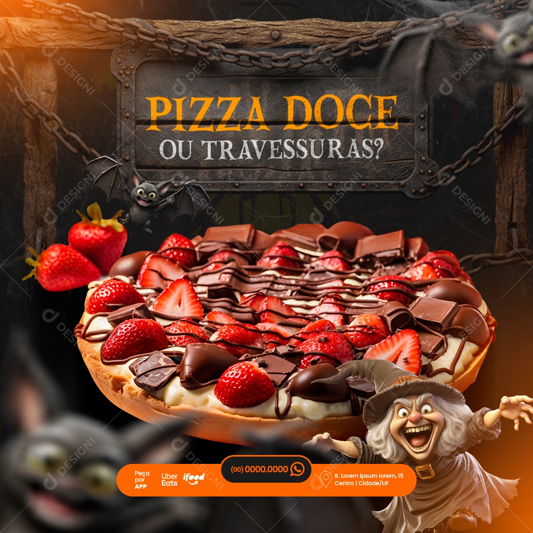 Halloween Pizzaria Pizza Doce ou Travessuras Social Media PSD Editável