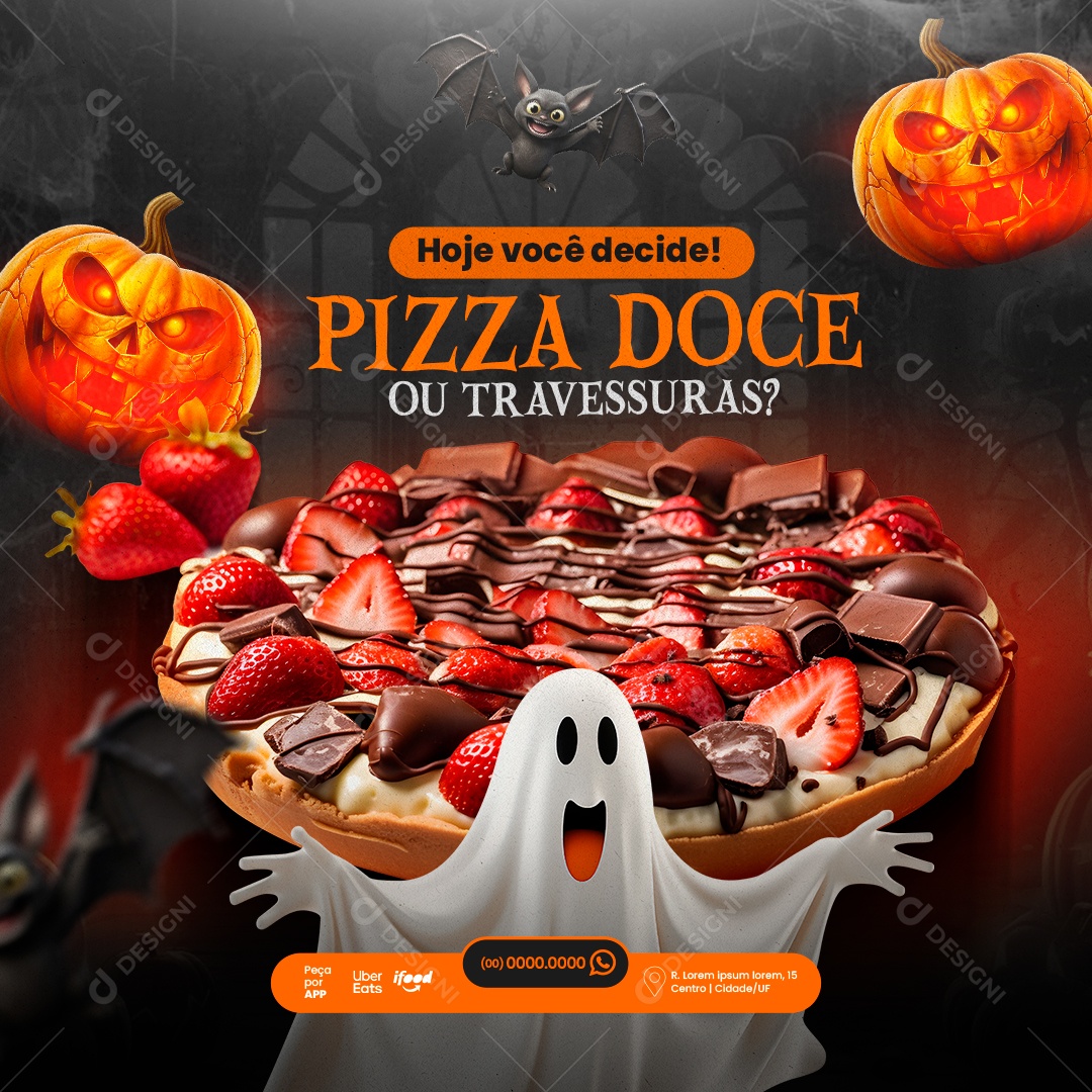 Halloween Pizzaria Hoje Você Decide Pizza Doce ou Travessuras Social Media PSD Editável