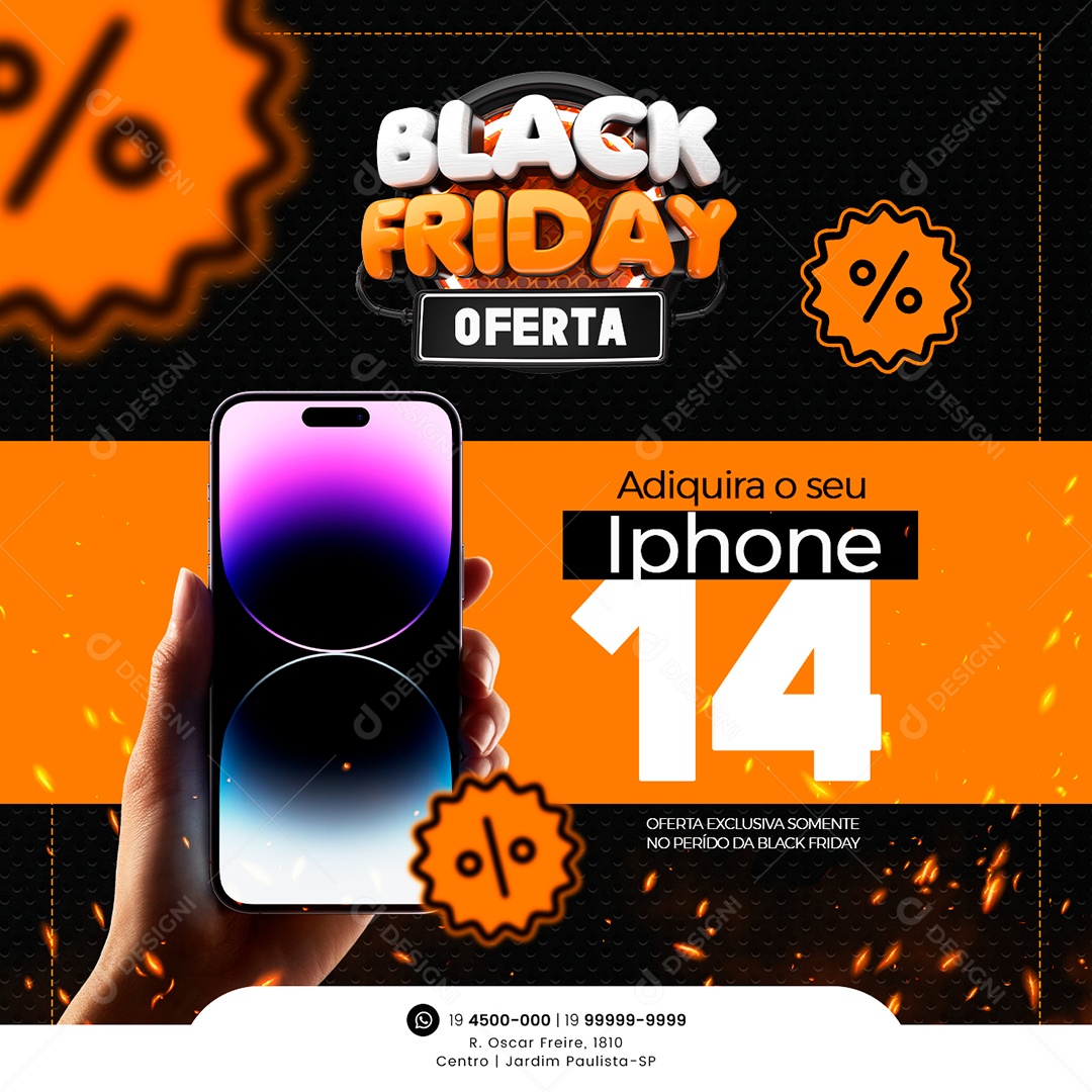 Black Friday Oferta Manutenção e Venda de Celulares Adquira o seu Iphone 14 Social Media PSD Editável