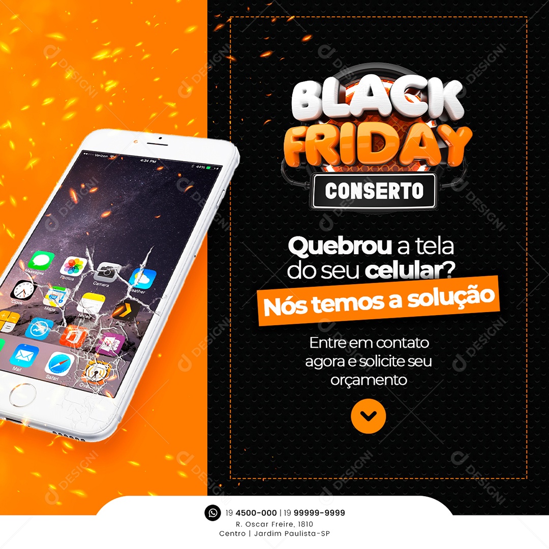 Black Friday Conserto Manutenção e Venda de Celulares Quebrou a Tela do seu Celular Social Media PSD Editável