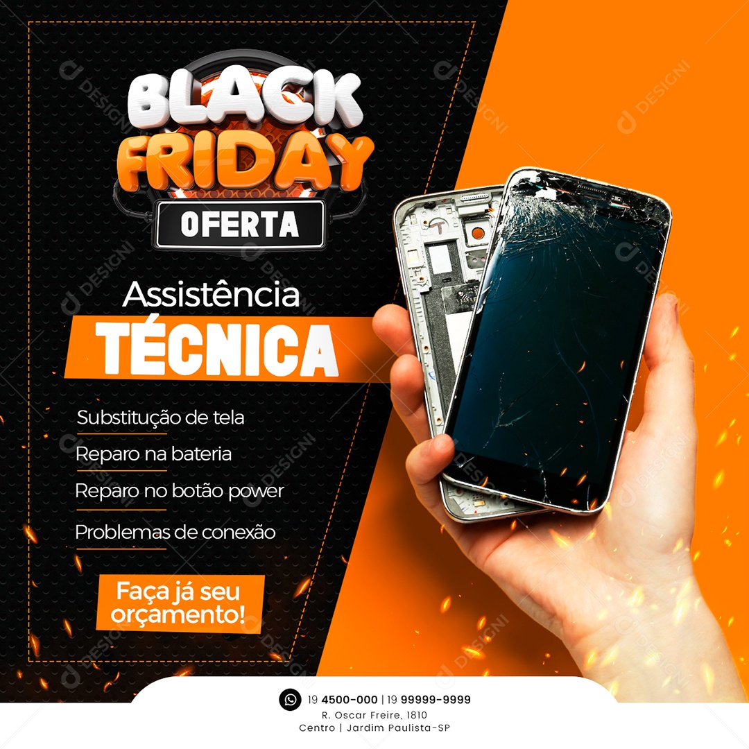 Black Friday Oferta Manutenção e Venda de Celulares Assistência Técnica Reparo de Tela Faça já seu Orçamento Social Media PSD Editável