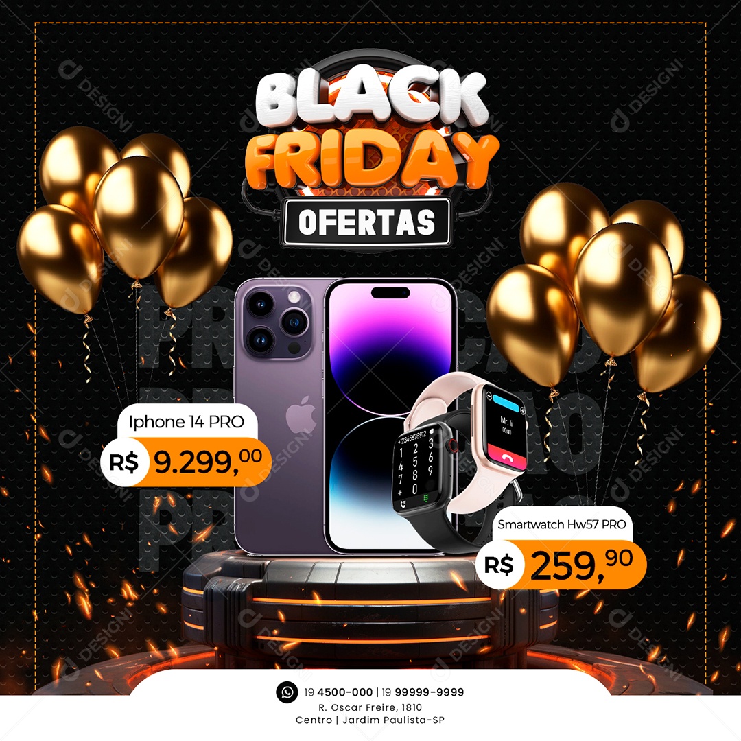 Black Friday Oferta Manutenção e Venda de Celulares Iphone 14 Pro Smart Watch Hw57 Pro Social Media PSD Editável
