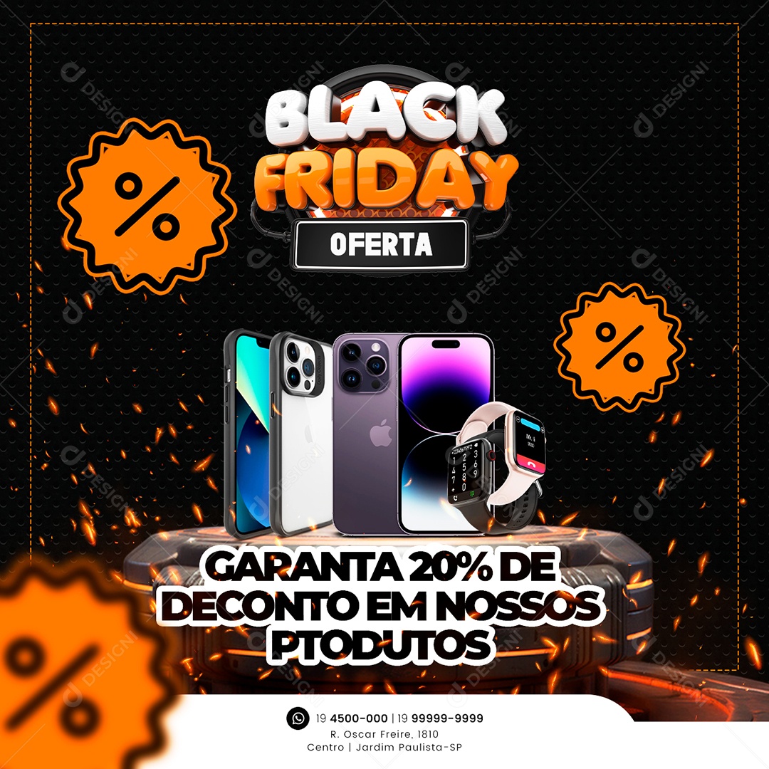 Black Friday Oferta Manutenção e Venda de Celulares Iphone 14 Pro Smart Watch Garanta 20% de Desconto Social Media PSD Editável