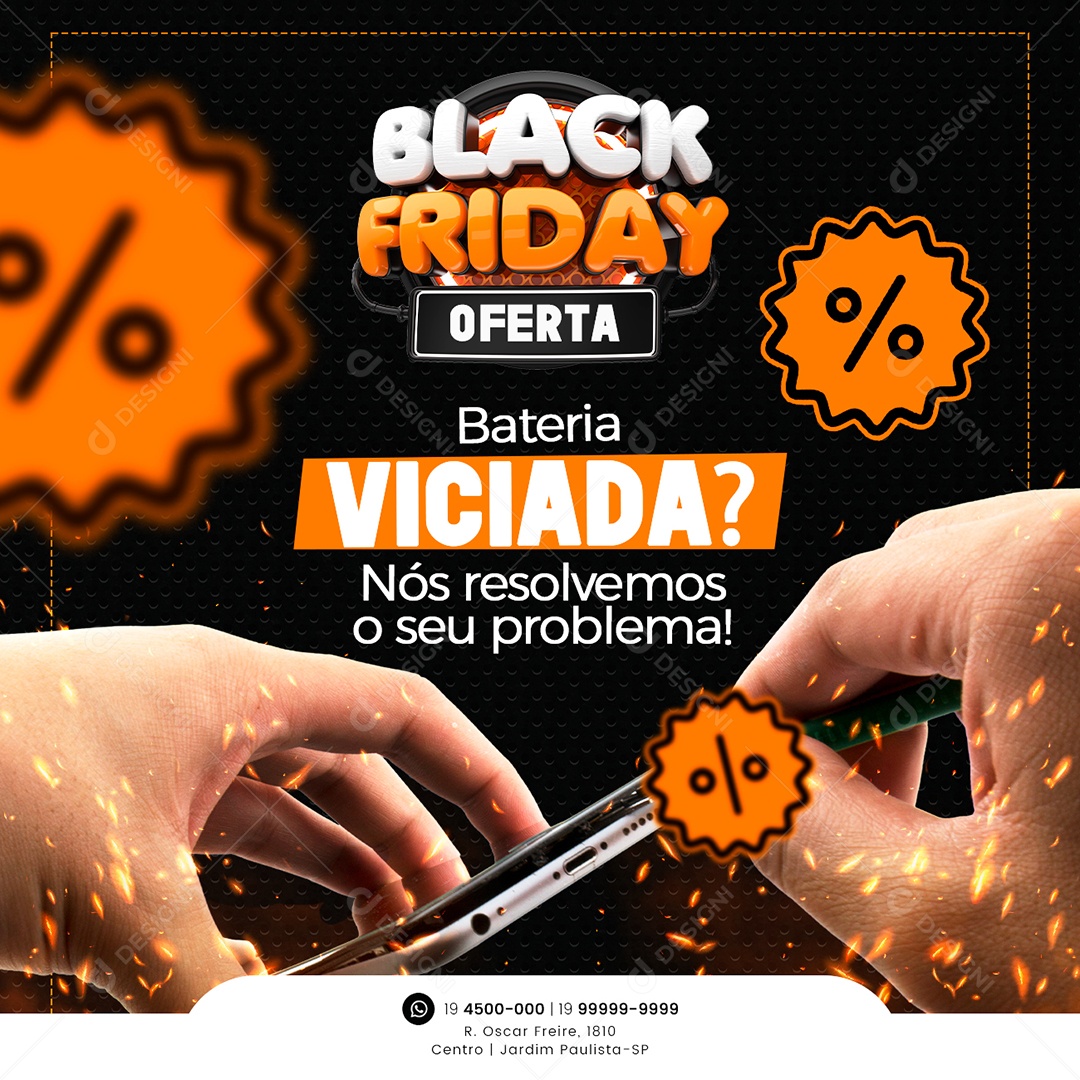 Black Friday Oferta Manutenção e Venda de Celulares Bateria Viciada nós Resolvemos Social Media PSD Editável