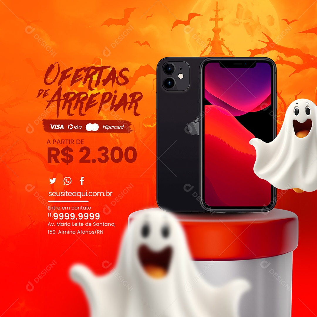 Halloween Ofertas Arrepiar Loja de Informática Iphone 11 Social Media PSD Editável