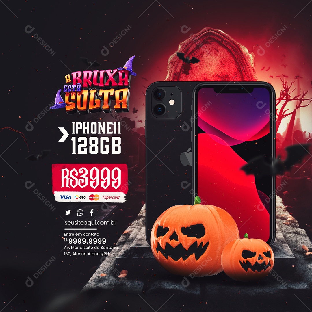 Halloween A Bruxa Está Solta Loja de Informática Iphone 11 128GB Social Media PSD Editável