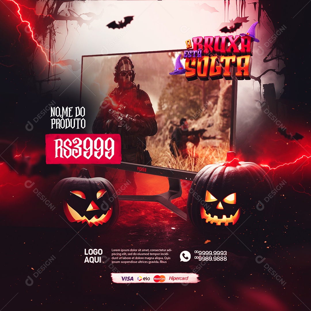 Halloween Loja Gamer A Bruxa Está Solta Monitor Gamer Social Media PSD Editável
