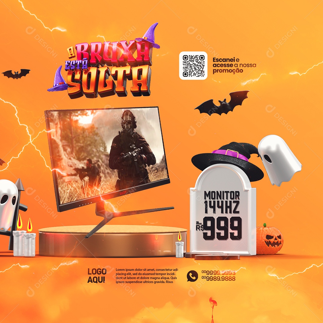 Halloween Loja Gamer A Bruxa Está Solta Monitor 144HZ Social Media PSD Editável