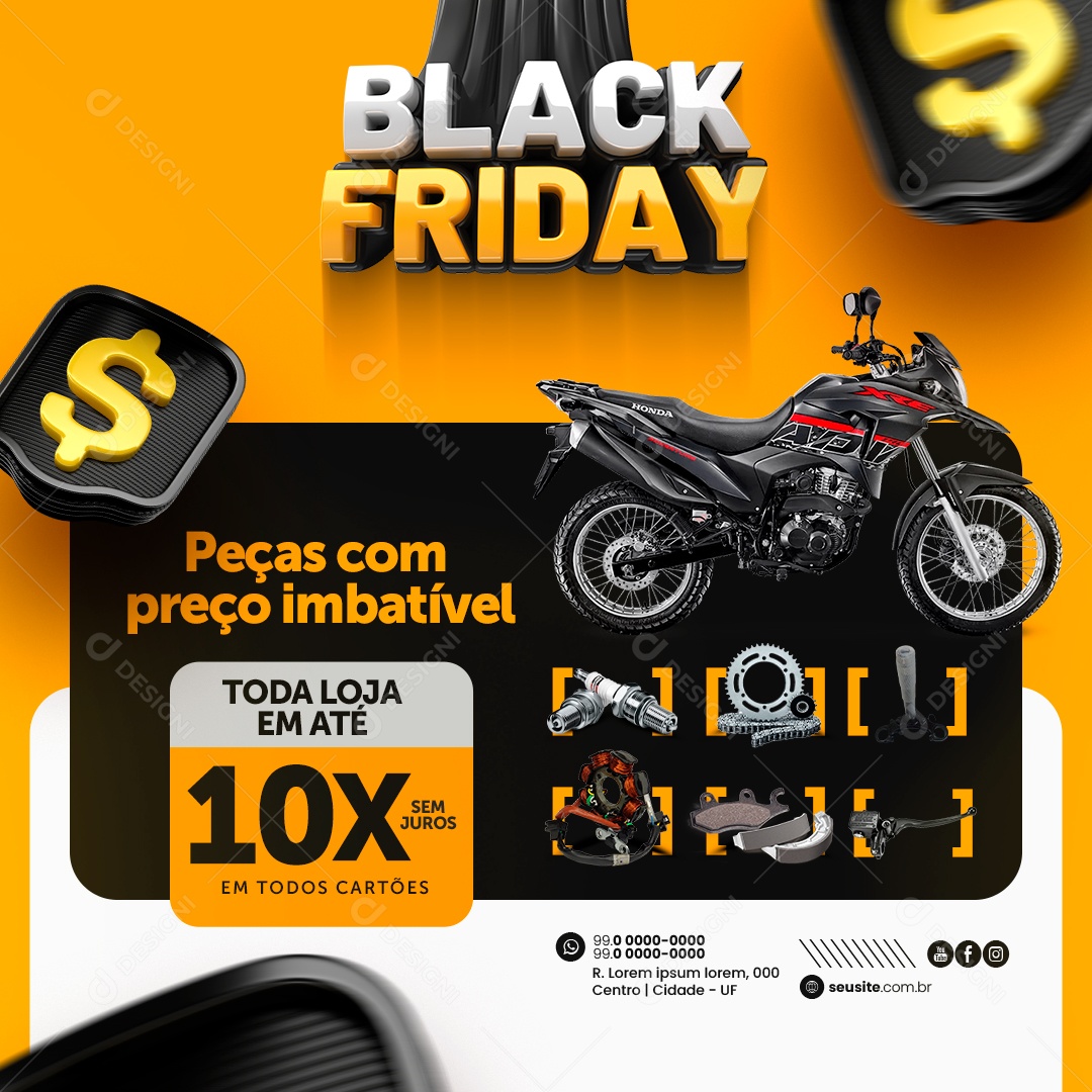 Black Friday Auto Peças Motos Peças com Preço Imbatível Toda Loja Em Até 10x Xre Social Media PSD Editável