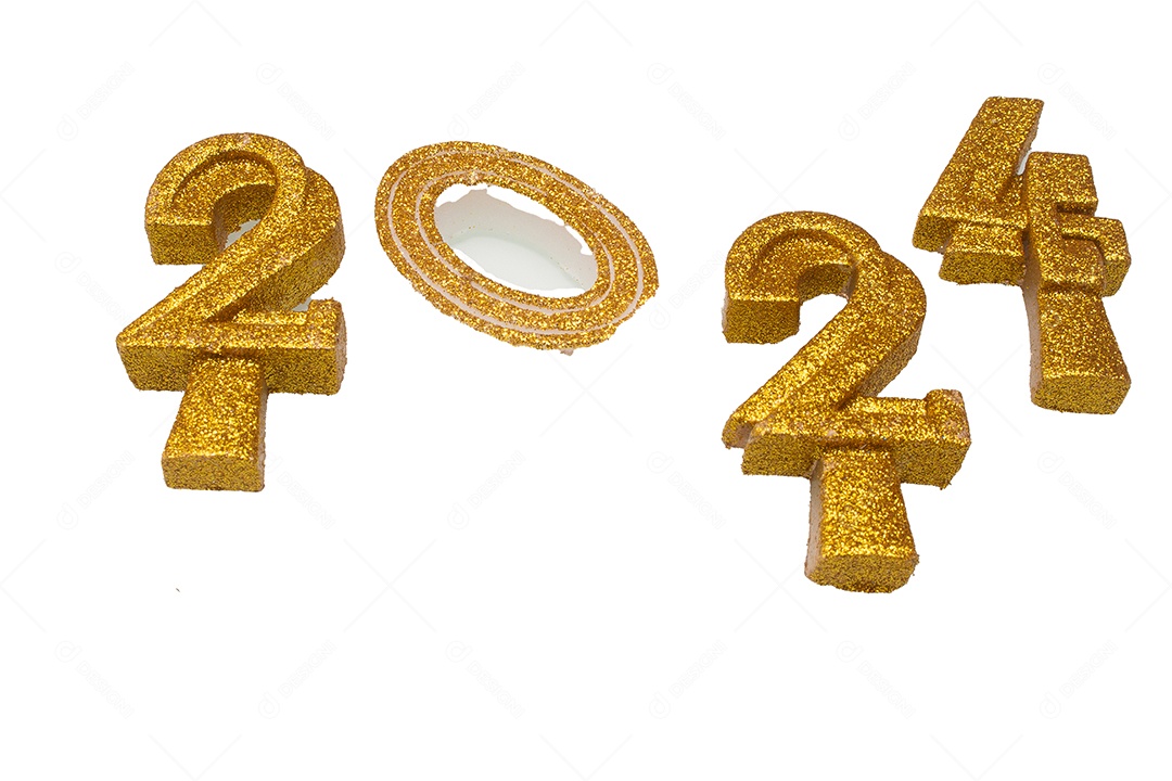 2024 escrito com letras douradas em fundo branco com enfeites