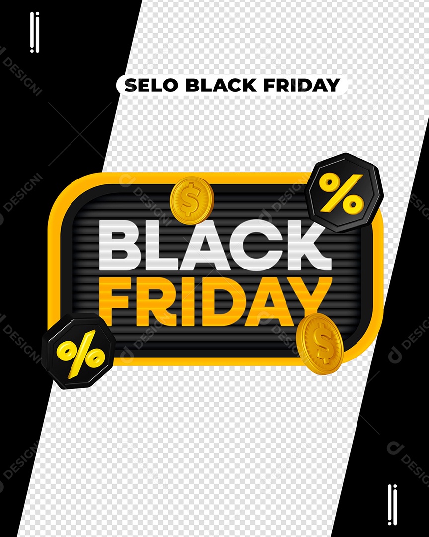 Black Friday Selo 3D Dourado Preto para Composição PSD