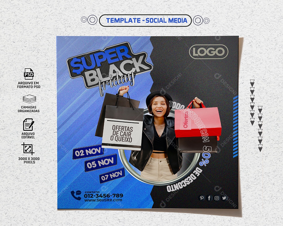 Social Media Feed Super Black Friday Estoque Com 50% Desconto PSD Editável