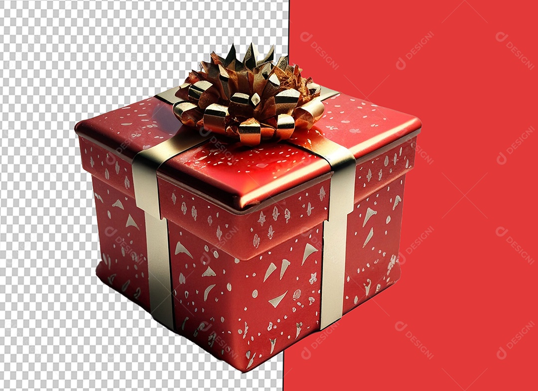 Caixa de Presente de Natal Vermelha com Laço Dourado Elemento 3D para Composição PSD