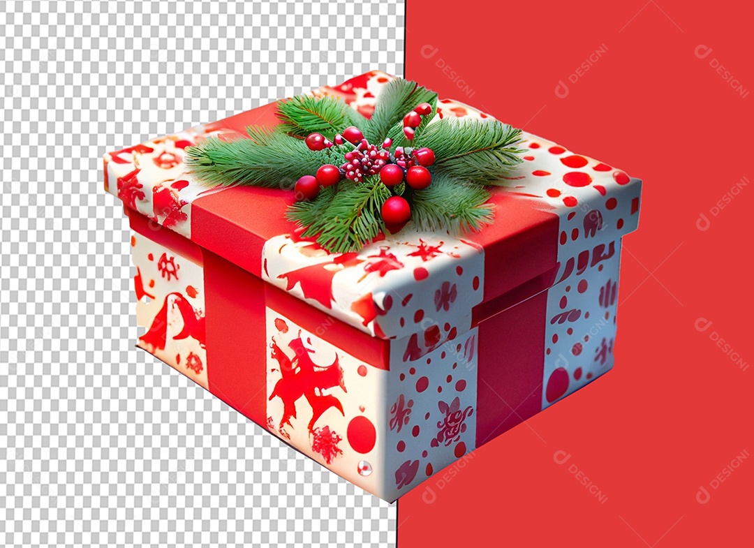 Caixa de Presente de Natal Branca com Laço Vermelho Elemento 3D para Composição PSD