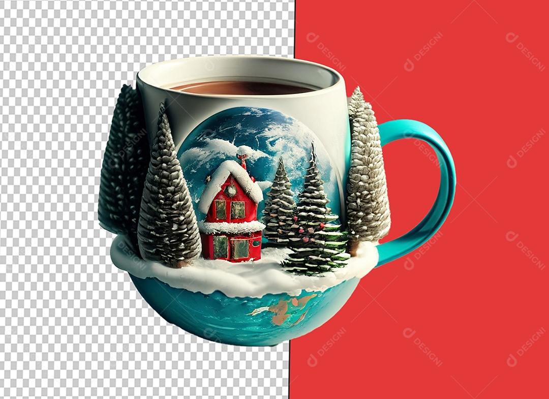 Caneca Azul com Decoração Natalina Elemento 3D de Natal para Composição PSD
