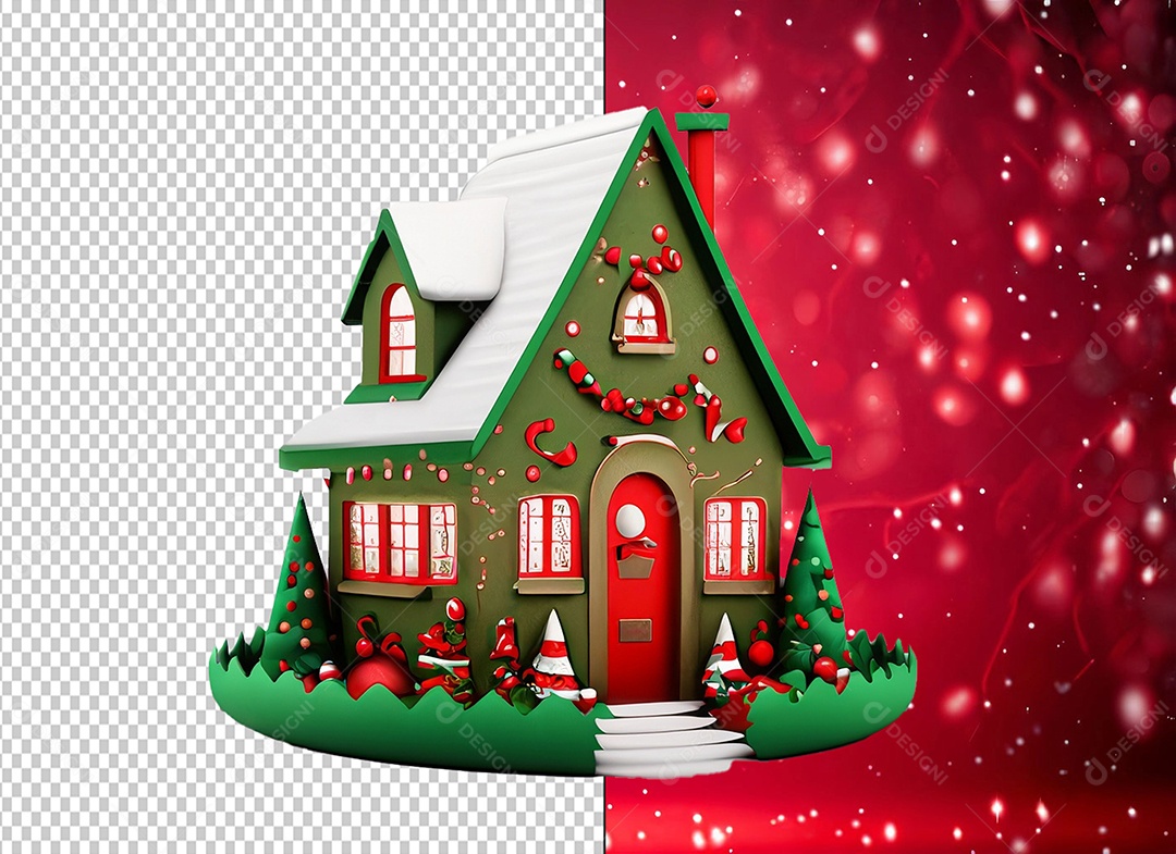 Casa Verde com Decoração Natalina Elemento 3D de Natal para Composição PSD